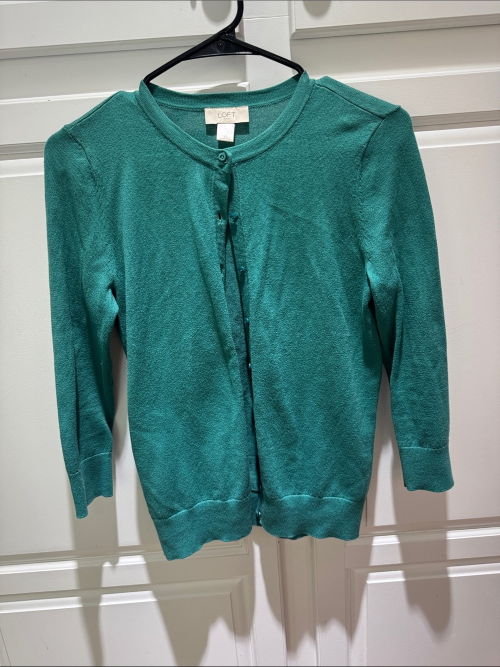 LOFT Teal Button-Front Crewneck Cardigan